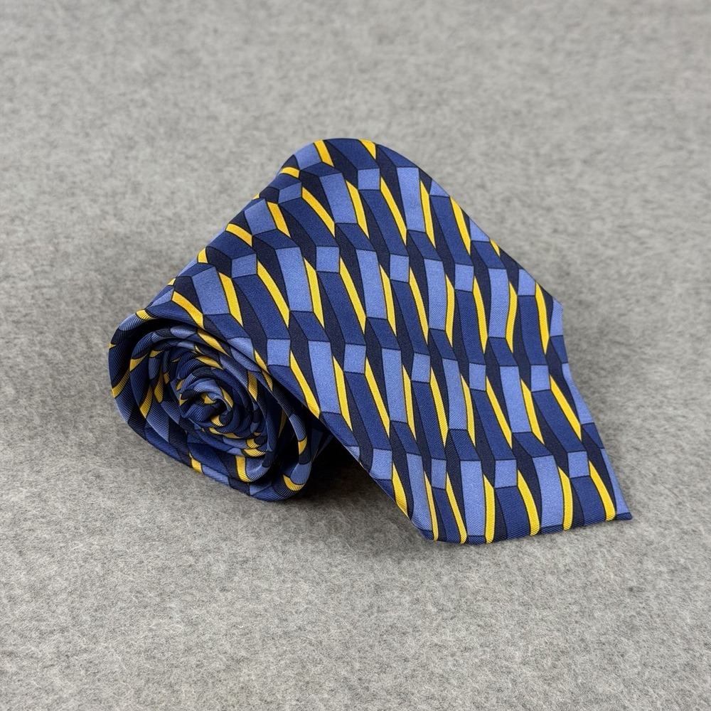 Vintage Gucci Italy Silk Tie Blue Yellow Geometric Cube 100% Silk 56x3.75"